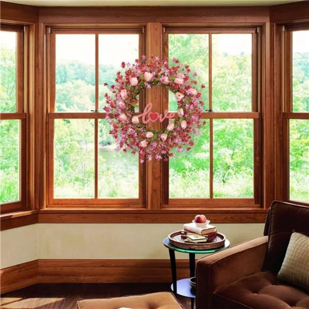 Valentines Day Wreath Decor, 22inch Artificial Pink Wreath Tulip Berry